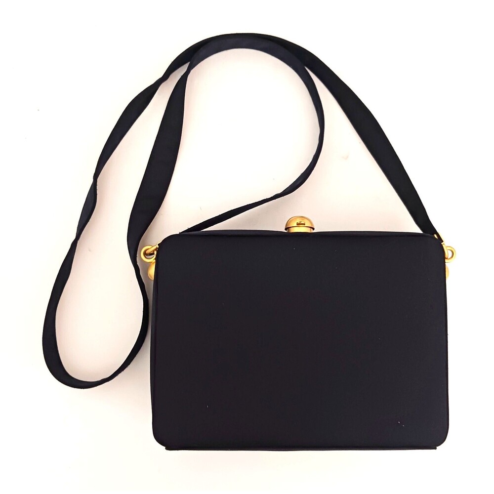 VTG Jay Herbert Blk Box Bag Brushed Gold Top Clasp Crossbody Strap Made Korea